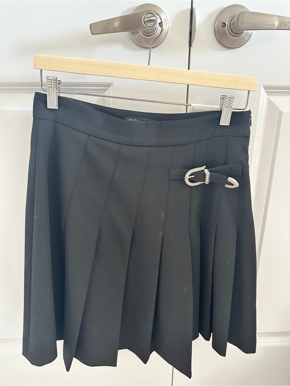 Maje Black Pleated Skater Skirt with Silver Buckle